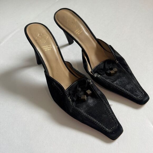 Donald J Pliner "Lona" Black Pointed Square Toe Slides Mules w Heels 8.5 - Picture 2 of 6